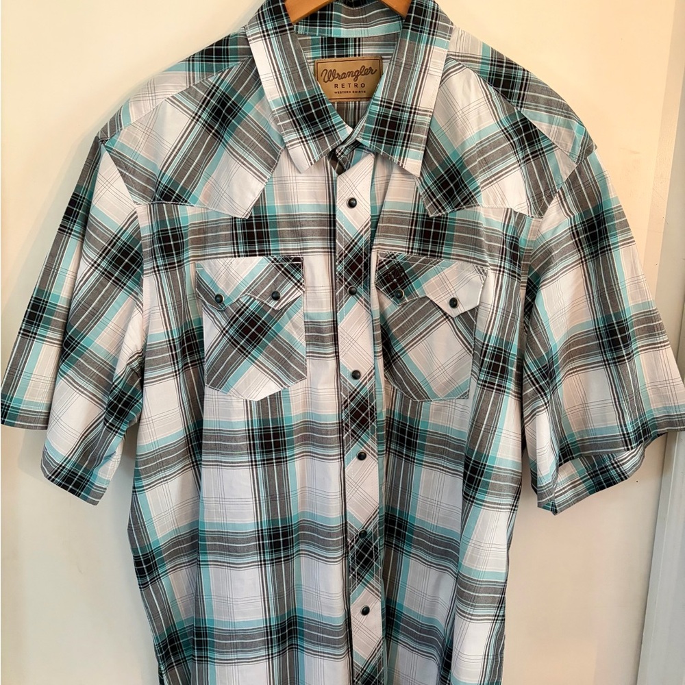 Wrangler Retro Men’s Short Sleeve Plaid Shirt - White, Teal & Black